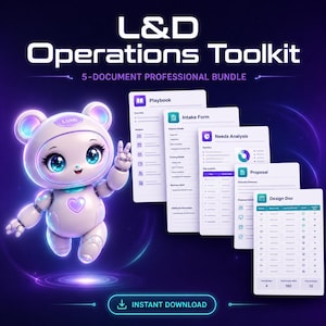 May include: A digital graphic promoting an L&D Operations Toolkit. The image features a cute robot bear character, the text "L&D Operations Toolkit," and a bundle of five professional documents. The documents include a Playbook, Intake Form, Needs Analysis, Proposal, and Design Doc. The image also includes the text "Instant Download."