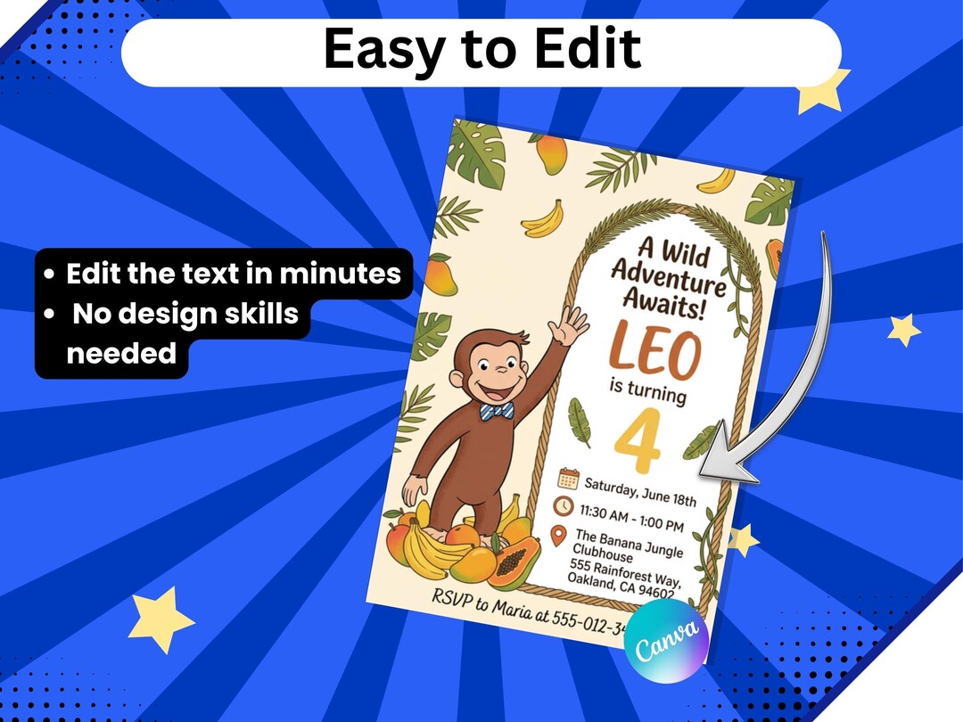 George Michael Invitation Curious George Birthday Invitation Template Editable Canva Monkey Kids ...