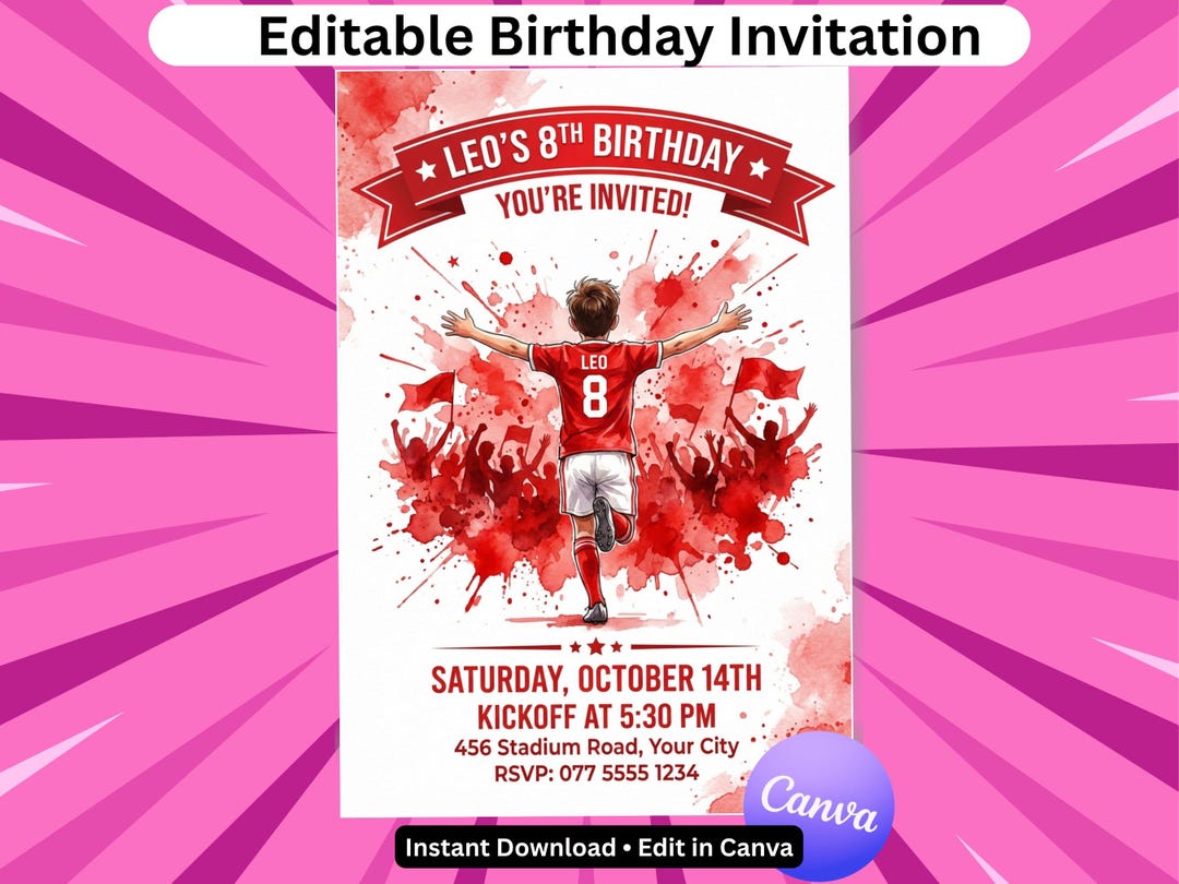 Football Birthday Invitation Canva Arsenal Sports Party Invite Editable ...