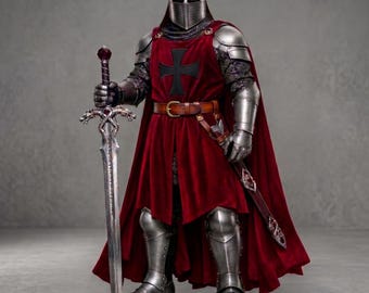 Conjunto completo de armadura de caballero templario con sobreveste roja y gran yelmo - Disfraz medieval para LARP - Incluye espada larga y capa
