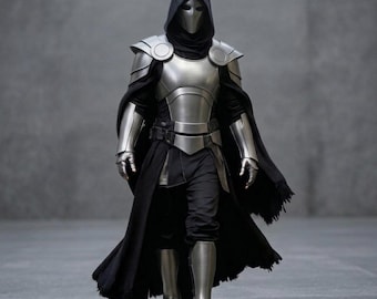 Conjunto completo de armadura de placas plateadas: capa negra con capucha, máscara, cosplay, LARP.
