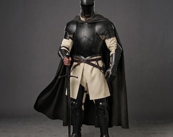 Armadura de caballero medieval de hierro ennegrecido - Traje completo de placas con casco barbute - Conjunto de armadura LARP premium hecho a mano y ponible