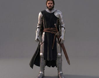 Armadura de caballero medieval de plata pulida - Traje completo de placas con túnica de guerrero negra - Conjunto de armadura para LARP (juego de rol en vivo) artesanal de primera calidad.