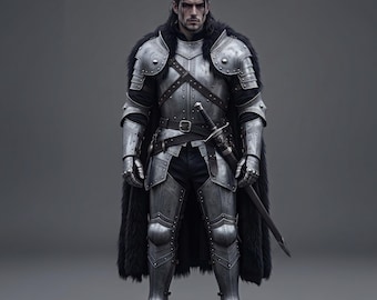 Armadura de guerrero medieval plateada personalizada: traje completo con capa de piel para juegos de rol de fantasía, equipamiento para LARP y vestuario histórico para el escenario.
