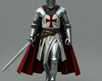 Armadura medieval de plata pulida: traje completo de caballero con gran yelmo y túnica roja de templario. Disfraz premium artesanal para eventos de rol en vivo (LARP).
