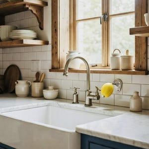 Könnte beinhalten: Eine Küche im Landhausstil mit einem weißen Porzellanbecken, einer Edelstahlarmatur und blauen Schränken. Holzregale beherbergen Geschirr und Gläser. Eine gelbe Zitrone ist an der Wand befestigt. Das Fenster hat einen Holzrahmen.