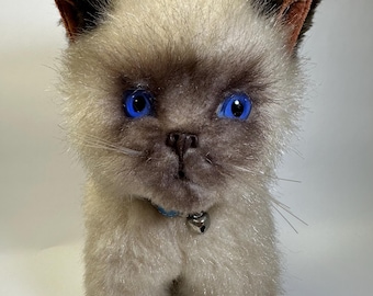 Peluche vintage de gato siamés, juguetes de peluche auténticos, ojos de cristal azul, gatito de los años 60.