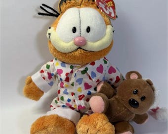 Peluche vintage Ty Beanie Baby Goodnight Garfield con oso Pooky, pijama de peluche de 2005