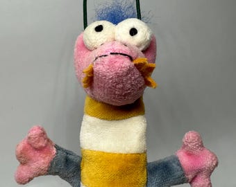 Vintage 1999 Jellycat Daft Dragon Finger Puppet, Rare Striped Pink Head Dragon Toy