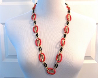 Long Red Necklace Mod Style Gold Black Large Chain Fashion Jewelry 30 inch