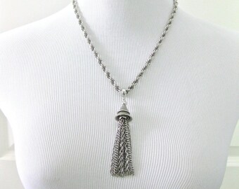Kramer tassel necklace designer signed Silver tone chain