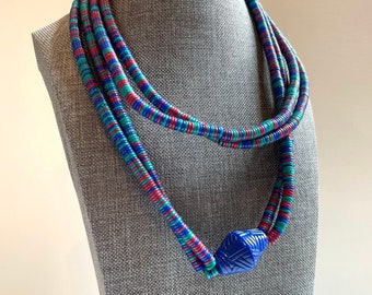 Heishi beaded necklace very long with screw bead closure in Magenta green and bright blue