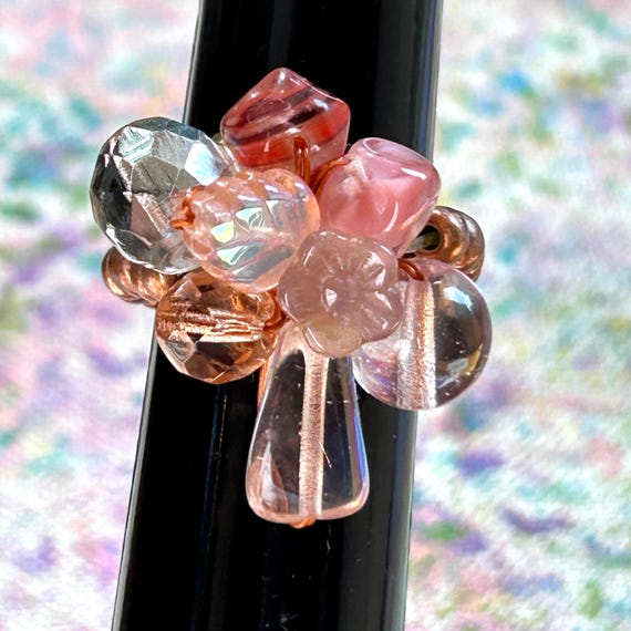 Copper Stretch Ring: Pink Flower & Leaf Beads, Ad… - image 3