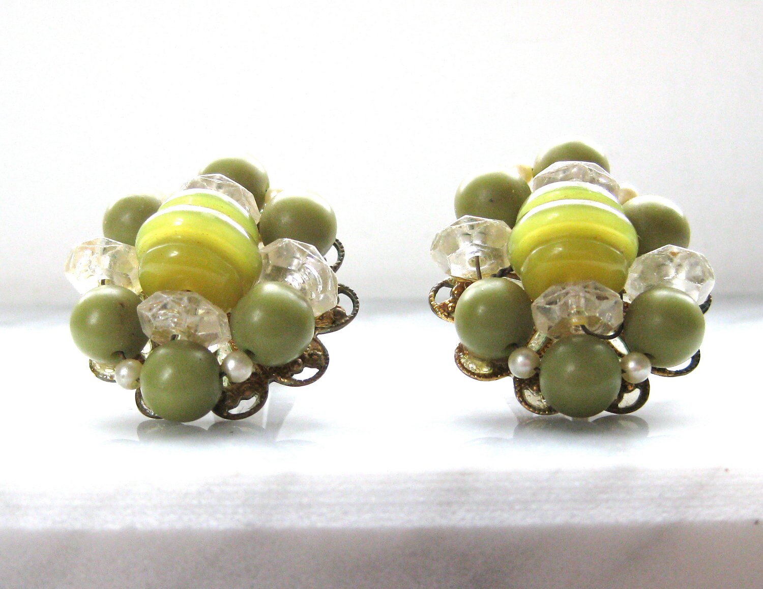 Olive Green Earrings with Clear beads faux Pearls Wired Etsy