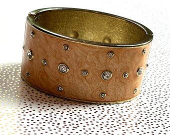 Peach Clasp Bracelet with clear rhinestones faux gold trimmed
