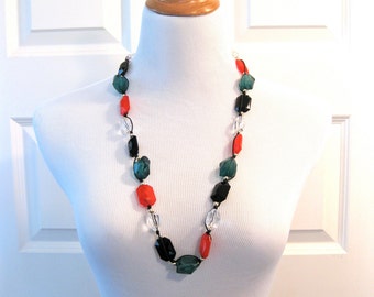 Vintage Long Necklace Red Large Beaded Green Clear Faux Gold Black Cording Easy Clasp Statement Fashion Jewelry