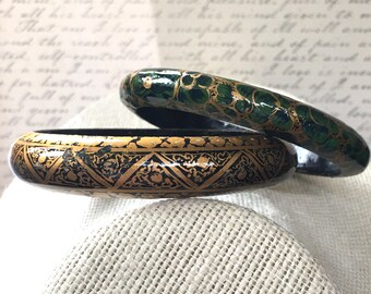 Bangle bracelet set handcrafted lightweight jewelry in gold and green