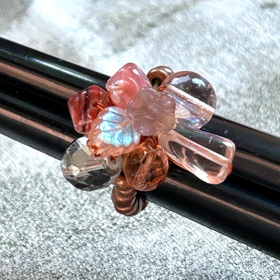 Copper Stretch Ring: Pink Flower & Leaf Beads, Ad… - image 5