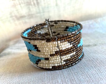 Wide Beaded Cuff Bracelet: Boho Southwestern Seed Bead Design