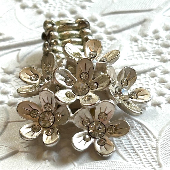 Silver Flower Stretch Ring: Rhinestone Center, Bo… - image 4
