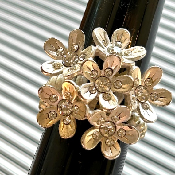 Silver Flower Stretch Ring: Rhinestone Center, Bo… - image 7