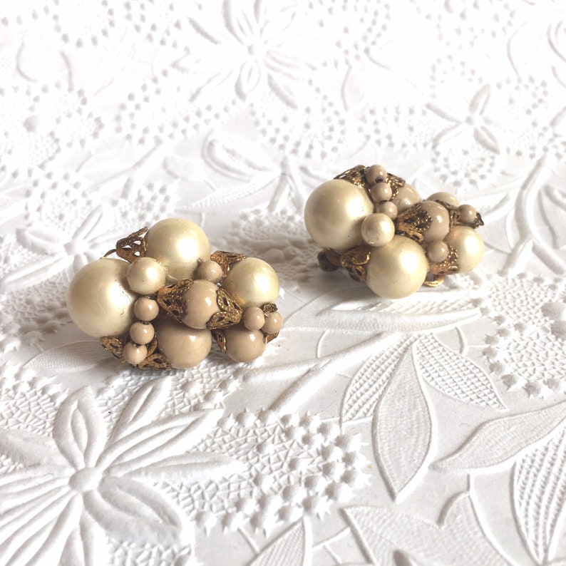 Ivory and Pearl Cluster Clip on Earrings 1950s Wired Detailed Etsy