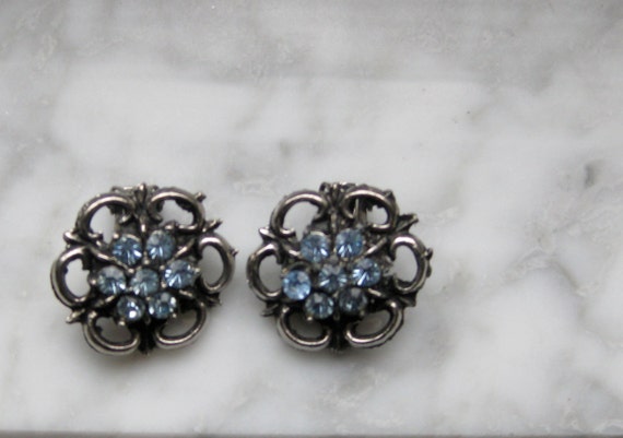 Vintage Blue Clip on Earrings, Periwinkle Rhinest… - image 2