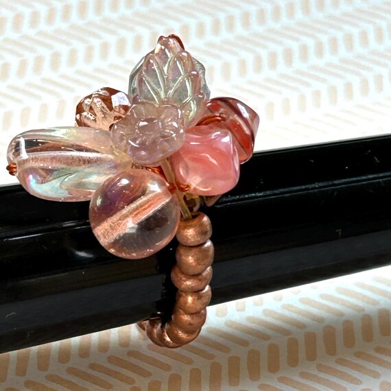 Copper Stretch Ring: Pink Flower & Leaf Beads, Ad… - image 10