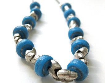 Beaded Leather Necklace Cerulean Blue with Faux Silver Metal 1990s Style Jewelry Gift Idea for Woman