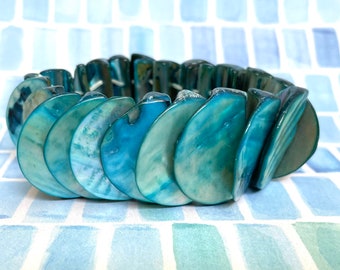 Mother of pearl bracelet stretch blue half disk shells in variations double sown shell jewelry for her gift idea