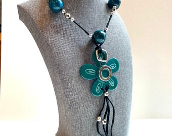 Flower necklace in Deep Aqua with suede cord and silver beads statement boho style