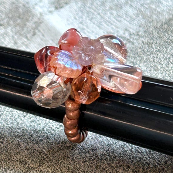 Copper Stretch Ring: Pink Flower & Leaf Beads, Ad… - image 9