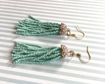 May include: A pair of mint green beaded tassel earrings with gold-tone metal accents. The earrings have a delicate, feminine design and are perfect for adding a touch of elegance to any outfit.