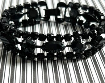 Vintage Weiss Black Rhinestone Bracelet: Signed Evening Jewelry