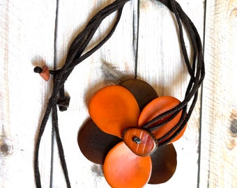 Tagua flower necklace in orange and brown adjustable length reversible