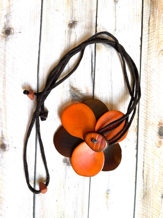 Tagua flower necklace in orange and brown adjustab