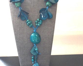 Tagua nut necklace long adjustable teal blue