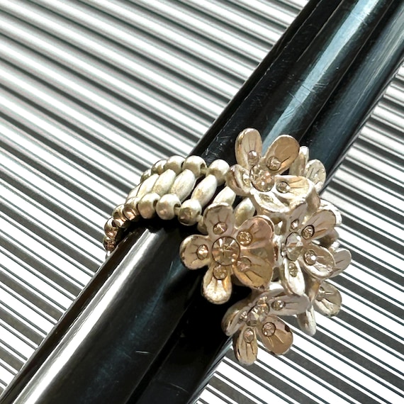 Silver Flower Stretch Ring: Rhinestone Center, Bo… - image 6