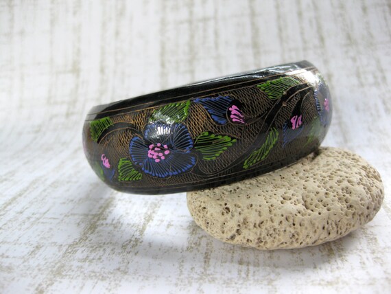 1970s Black bangle bracelet boho wood with handpa… - image 5