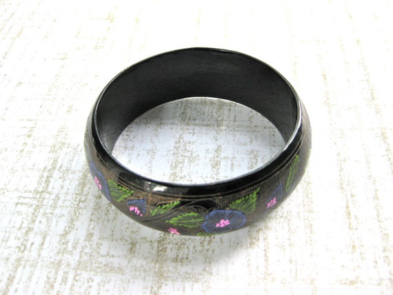 1970s Black bangle bracelet boho wood with handpa… - image 3