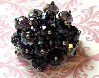 Cluster ring stretchable in pewter AB beads on silvertone band tests non magnetic