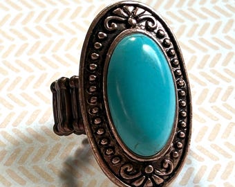 Stretch ring faux turquoise and real copper oval shape with embossing unisex statement southwestern