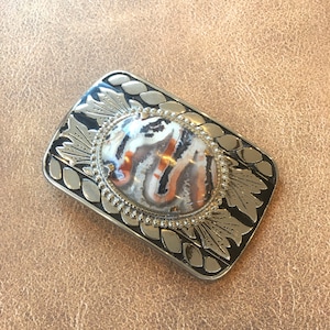 Western belt buckle with Jasper Agate Silver tone metal unisex