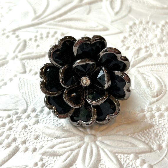 Black stretchable Ring glass cluster flower large… - image 8