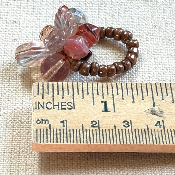 Copper Stretch Ring: Pink Flower & Leaf Beads, Ad… - image 2