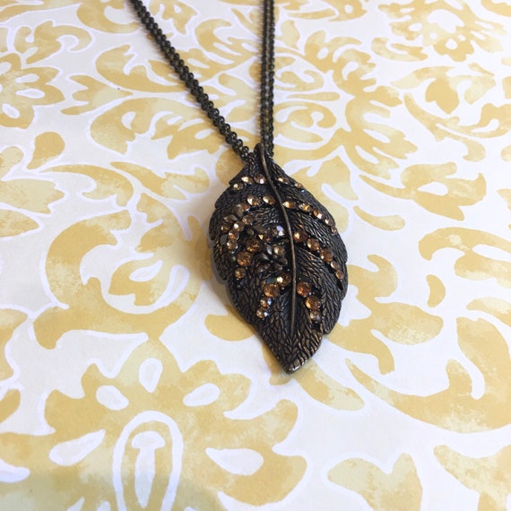 Long bronze tone leaf necklace with dragonflies a… - image 3