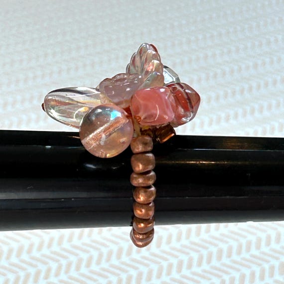Copper Stretch Ring: Pink Flower & Leaf Beads, Ad… - image 6