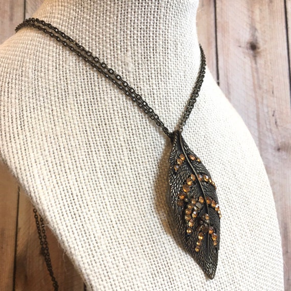 Long bronze tone leaf necklace with dragonflies a… - image 1