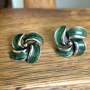 Green enamel earrings stamped Made in the USA vintage pierced