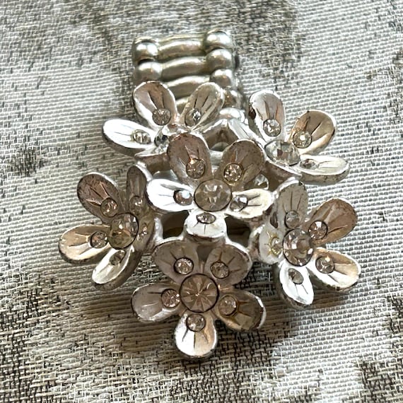 Silver Flower Stretch Ring: Rhinestone Center, Bo… - image 8